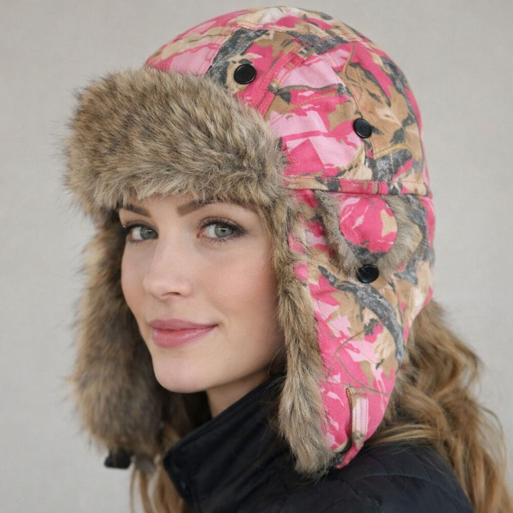 Coast to Coast Outfitters Pink Camo Ear Flap Trapper Hat Faux Fur OSFM